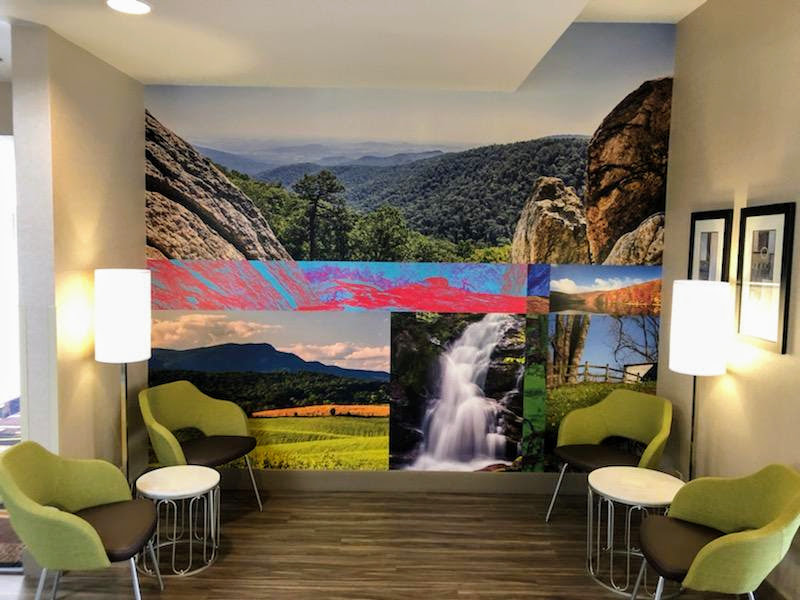 a picture of the wall mural in the lobby of the clarion pointe harrisonburg featuring local imagery. 