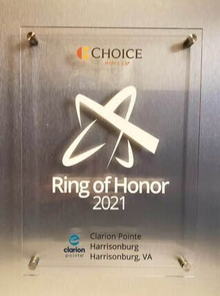 Clarion Pointe Harrisonburg earns the 2021 Ring of Honor award from Choice Hotels